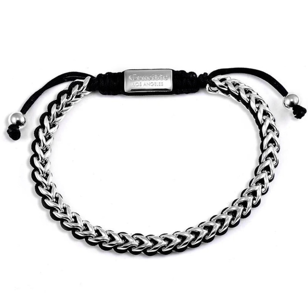 Stainless Steel 6mm Franco Chain Bracelet w/ Woven Black Cord